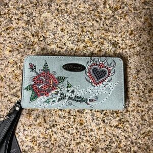 Ed Hardy Blue and Red Floral Heart Wallet
